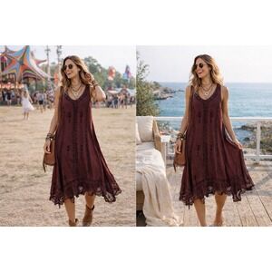 Boho Embroidered Dress Burgundy, Midi Festival Cottagecore Witchy Whimsy One Sz